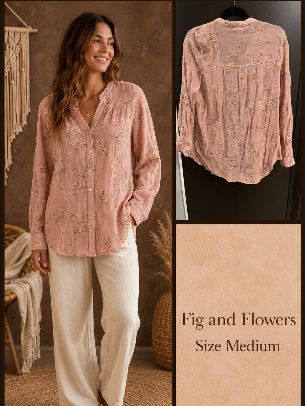 fig and flower Dusty Pink Embroidered Button-Down Blouse